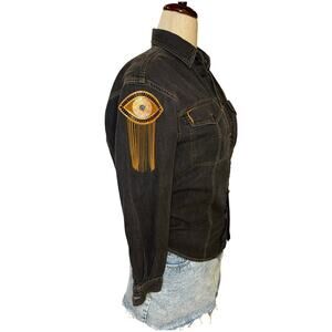 Upcycled Black Denim Shirt Evil Eye Chain Epaulettes Liz Sport Small